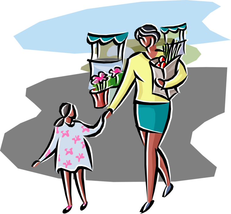 Vector Illustration of Mother and Daughter Food Shopping at Outdoor Market