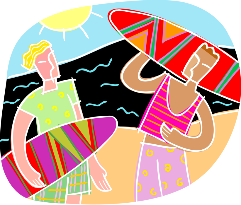 Vector Illustration of Surfer Dudes with Surfboards Ready for Day of Surfing