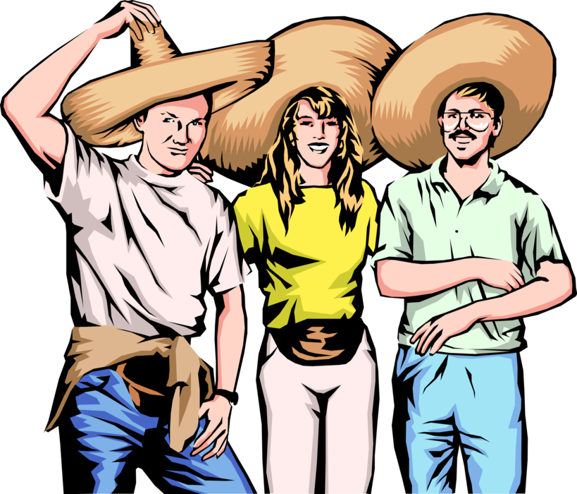 Vector Illustration of Three Friends with Mexican Sombrero Hats on Holiday