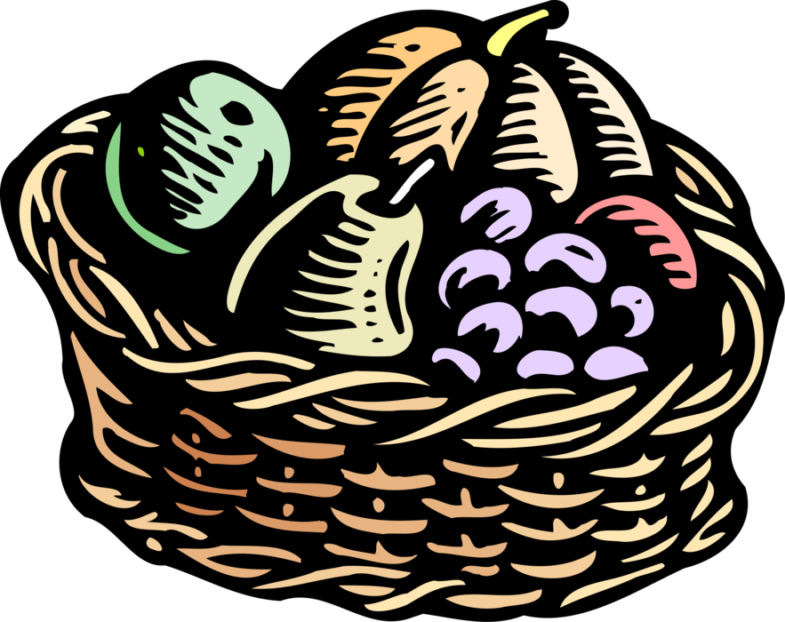Vector Illustration of Wicker Basket of Fresh Edible Fruit Lime, Melon, Pear and Grapes