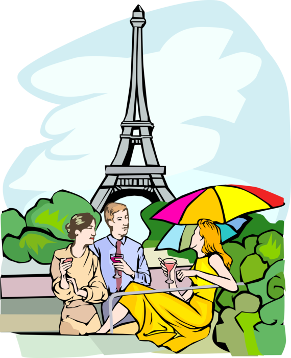 Vector Illustration of Tourists on Vacation Enjoy Wine and Conversation by the Eiffel Tower, Paris, France