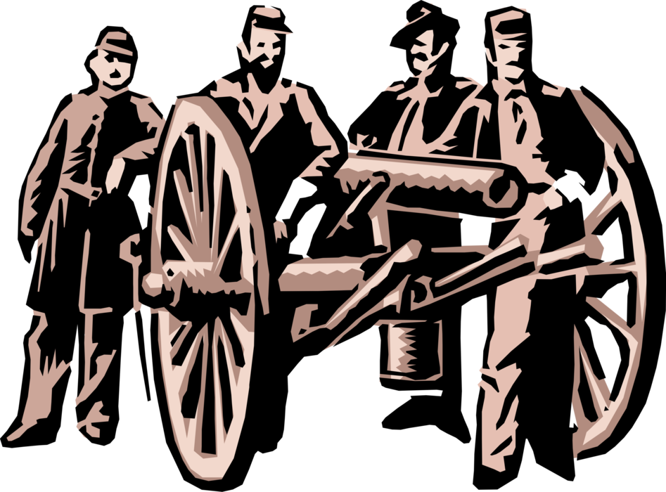 Vector Illustration of Civil War Soldiers Pose with Military Artillery Cannon