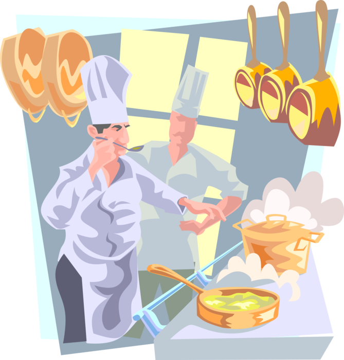 Vector Illustration of French Culinary Cuisine Chefs in Kitchen Prepare and Sample Food