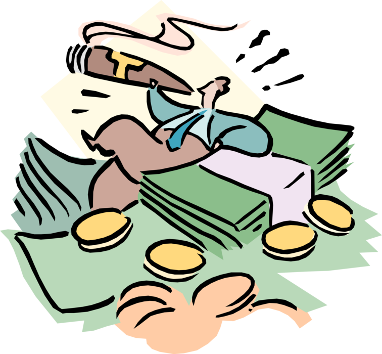 Vector Illustration of Businessman Enjoys Financial Success with Cigar and Cash Money Dollars