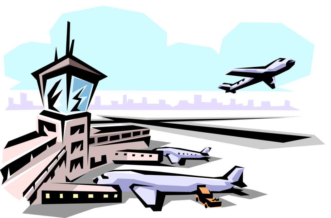 Vector Illustration of Airport Terminal with Commercial Airline Flights Arriving and Departing
