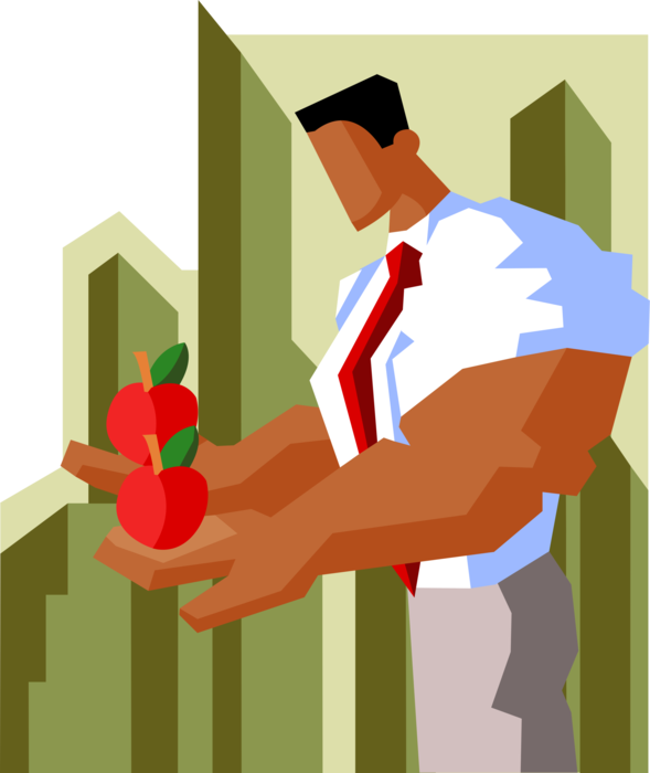 Vector Illustration of Powerful Businessman with Jacked Biceps and Forearms Comparing Apples to Apples