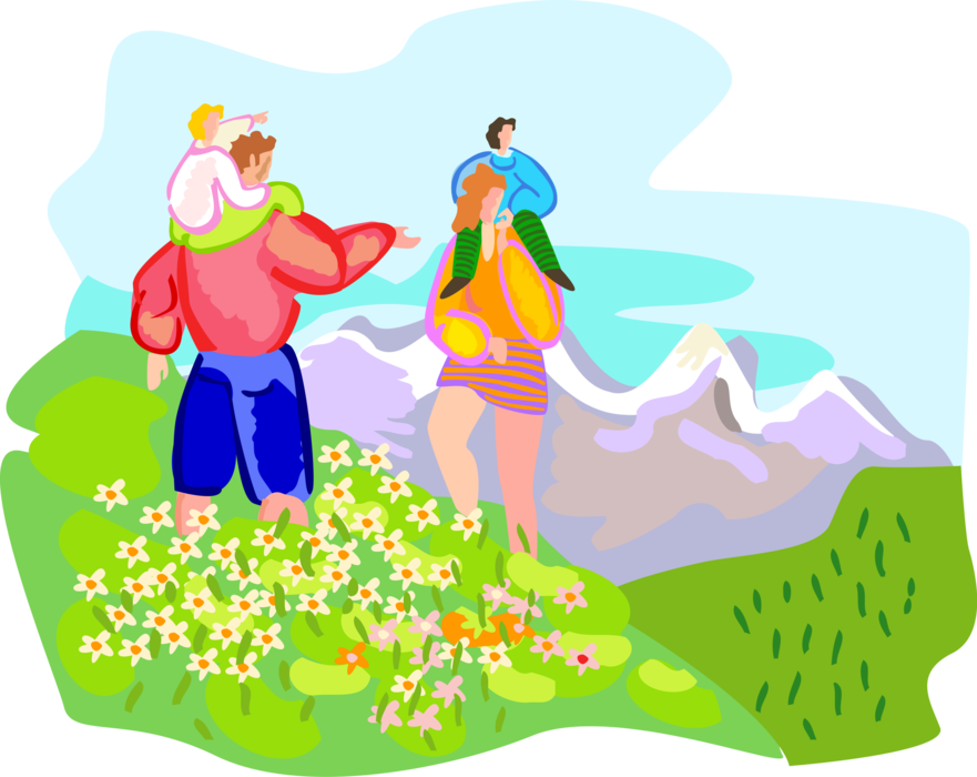 Vector Illustration of Family on Wilderness Hike Through Wild Flowers in Mountains