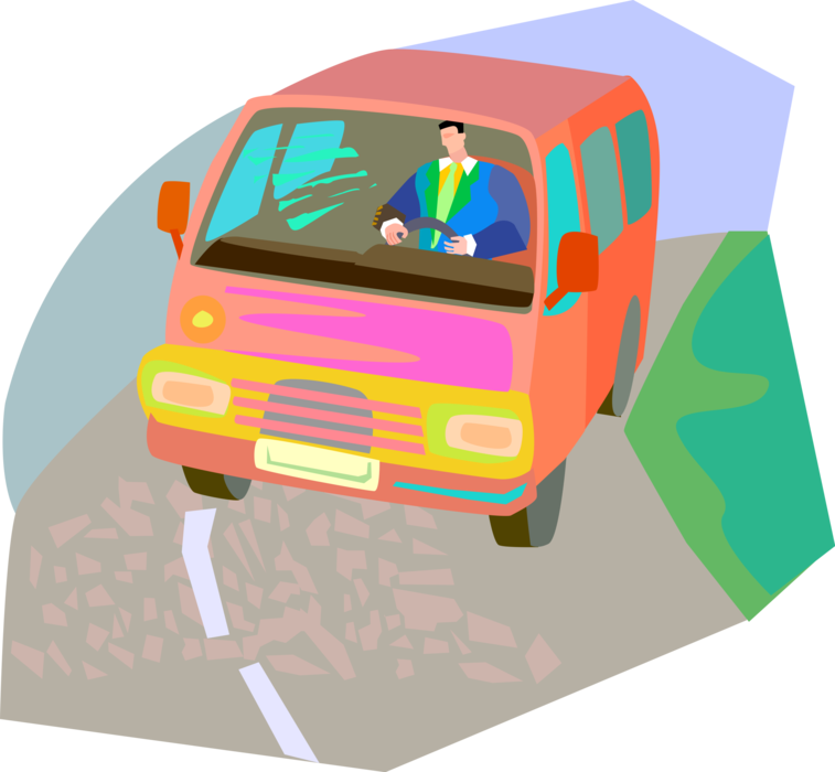 Vector Illustration of Bus Motorist Driver Drives Public Transportation City Bus Carrying Passengers and Commuters