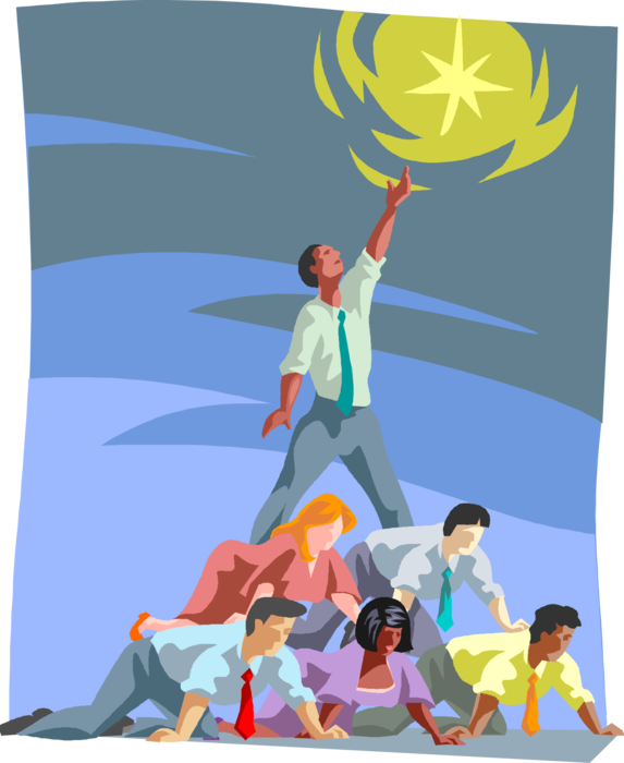 Vector Illustration of Teamwork Enables Office Worker to Reach for the Stars