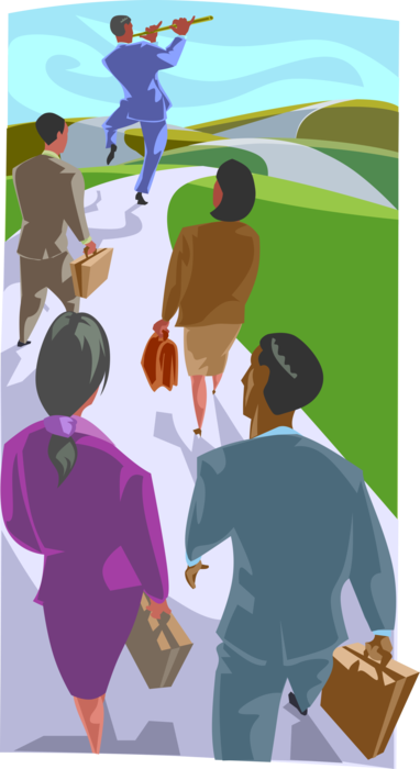 Vector Illustration of Office Workers Marching to the Tune of Pied Piper Flute Player