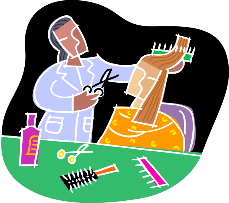 Vector Illustration of Hairdresser Hair Stylist Cuts Customer's Hair in Salon