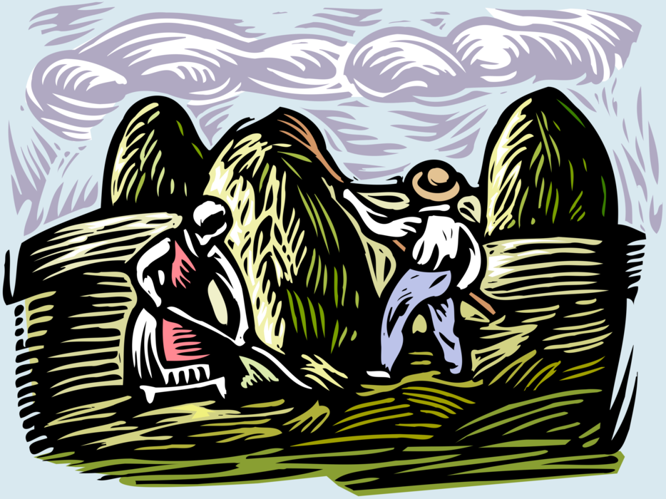 Vector Illustration of Farm Scene Alfalfa Hay Harvest with Alfalfa Hay Bales