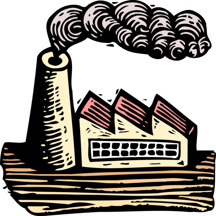 Vector Illustration of Industrial Manufacturing Factory Building with Smokestack Pollution