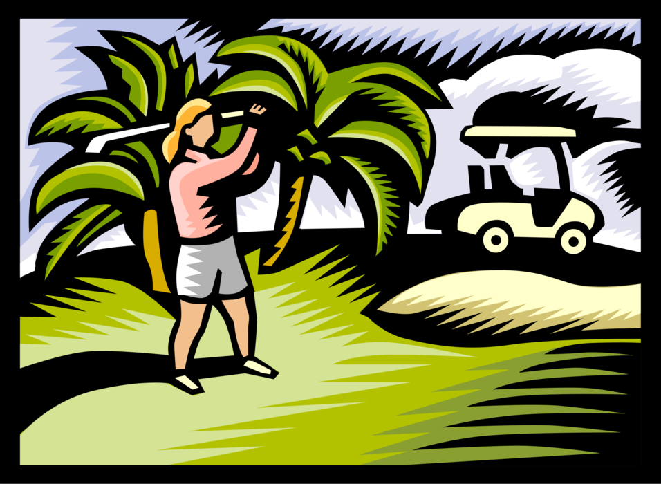 Vector Illustration of Round of Golf with Golfer Making Shot