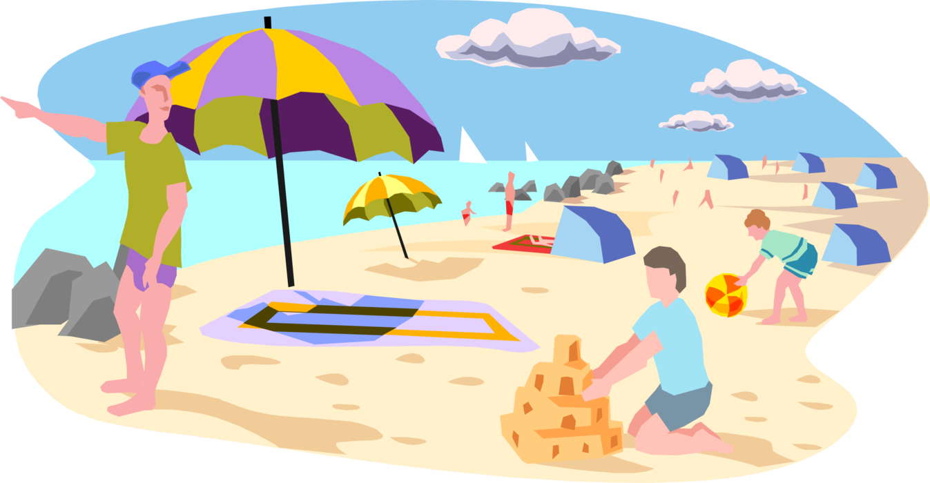 Vector Illustration of A Day at the Beach with Children Play in the Sand