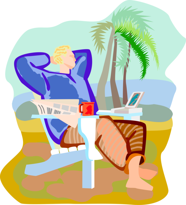 Vector Illustration of On Vacation at Beach Relaxing in Comfortable Chair with Coffee and Newspaper