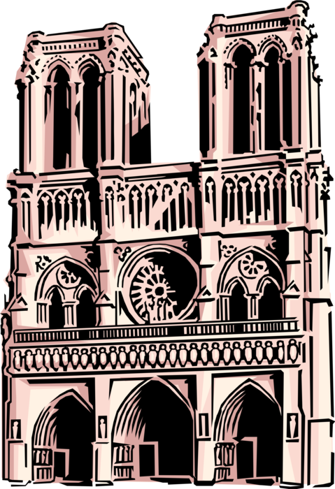 Vector Illustration of Notre-Dame Medieval Catholic Christian Church Cathedral in Paris, France on the River Seine