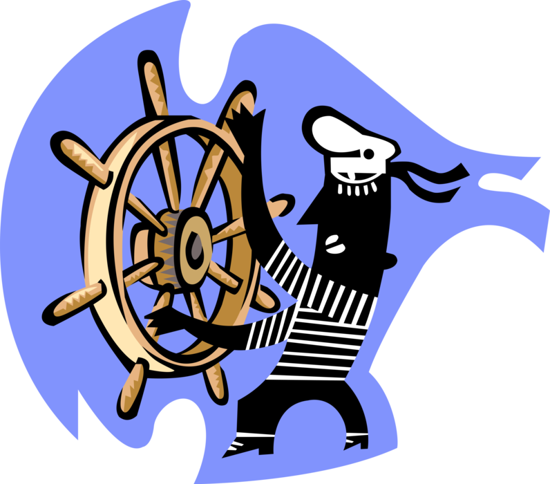 Vector Illustration of Sailor Steering and Navigating with Ship Wheel to Change Vessel's Course