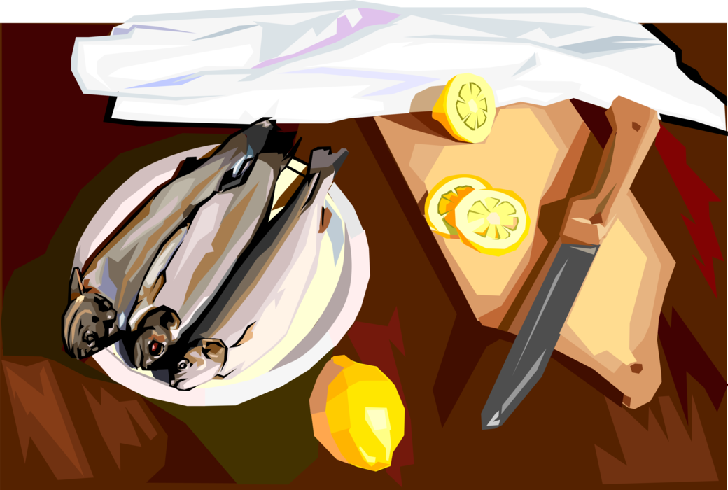 Vector Illustration of Fresh Baked Fish Dinner with Cutting Board and Citrus Lemons