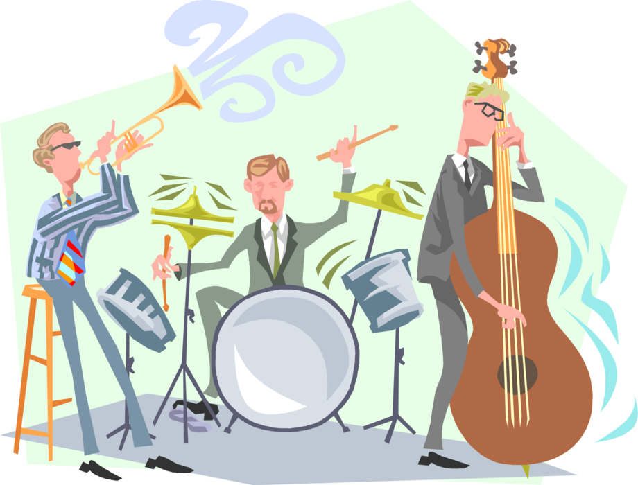 Vector Illustration of Dixie Jazz Band Musicians Perform with Trumpet, Drums and Bass Musical Instruments