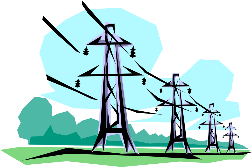Vector Illustration of Transmission Towers Carry Electrical Power Lines to Distribute Electricity