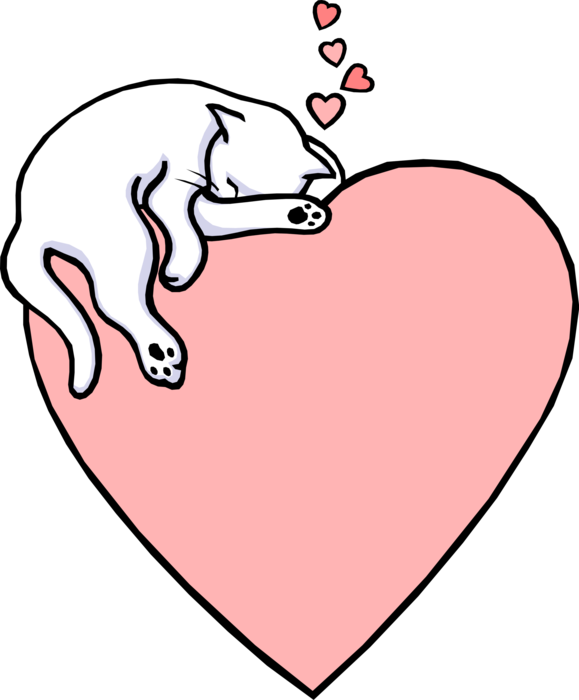 Vector Illustration of Valentine's Day Sentimental Valentine Love Heart with Sleepy White Cat