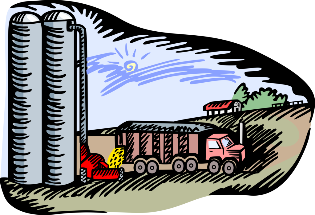 Vector Illustration of Farm Vehicle Unloading Grain Harvest Into Storage Silos