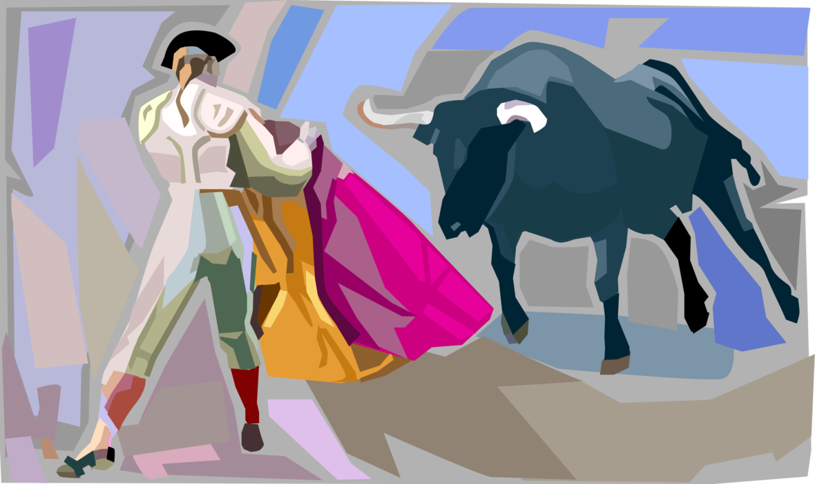Vector Illustration of Spanish Matador Toreador Bullfighter in the Bullring Fights Charging Bull with Red Cape, Spain