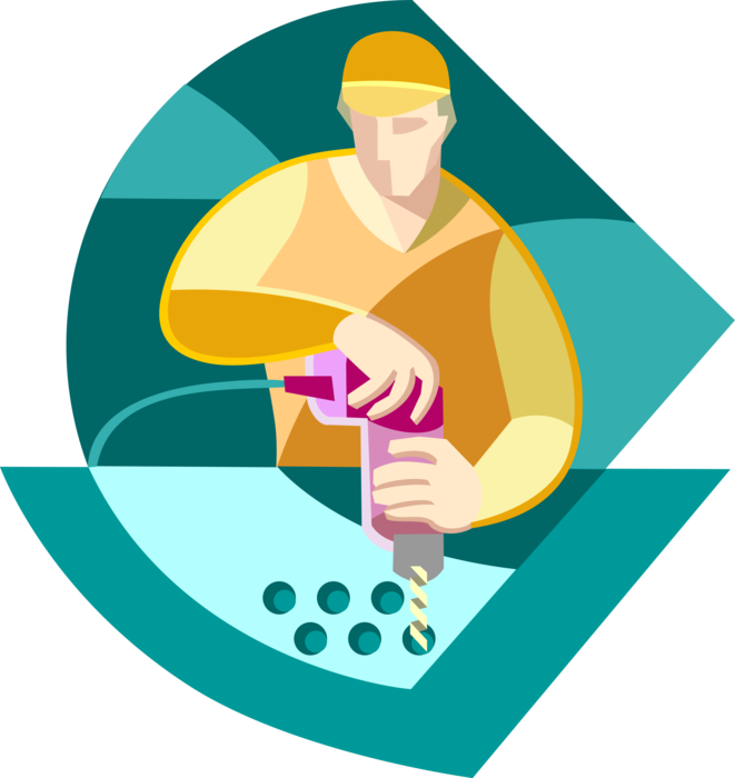 Vector Illustration of Construction Worker Drilling Holes with Electric Drill