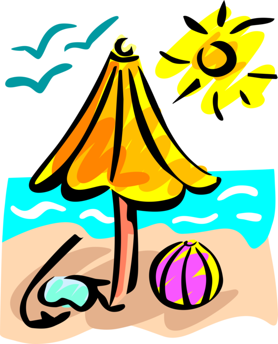Vector Illustration of Beach with Umbrella, Beach Ball with Mask and Snorkel