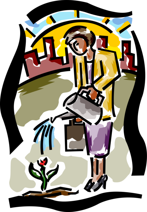 Vector Illustration of Woman Watering Flower to Nurture Growth
