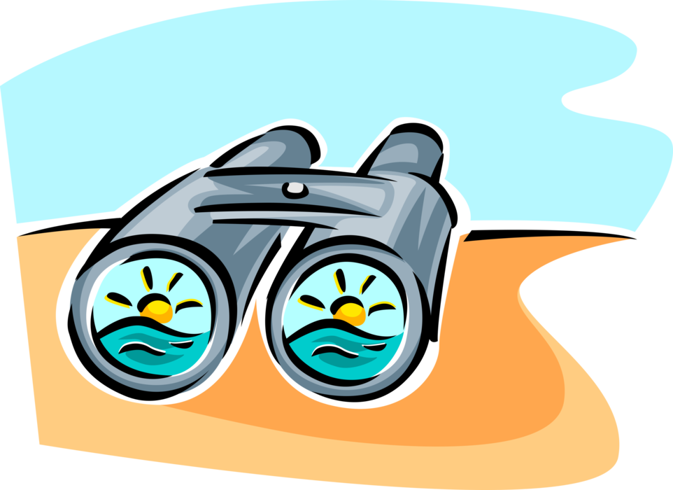 Vector Illustration of Binoculars, Field Glasses or Binocular Telescopes with Sun Reflection