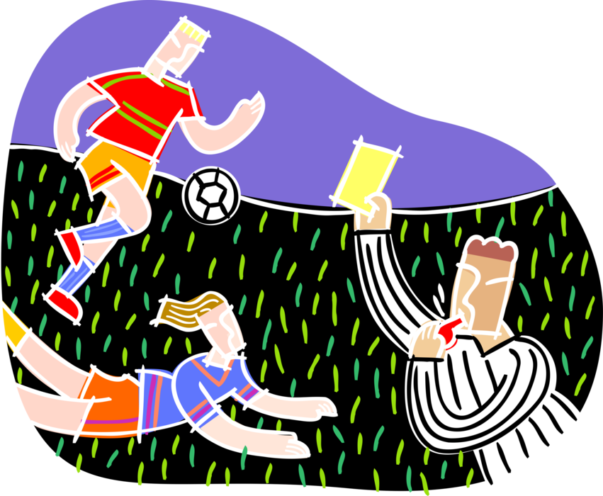 Vector Illustration of Sport of Soccer Football Referee Blows Whistle and Issues Caution Yellow Card