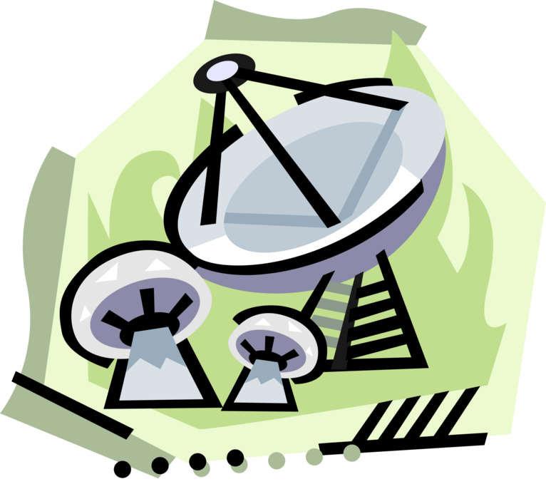 Vector Illustration of Satellite Dish Parabolic Antenna Send and Receive Electromagnetic Signals