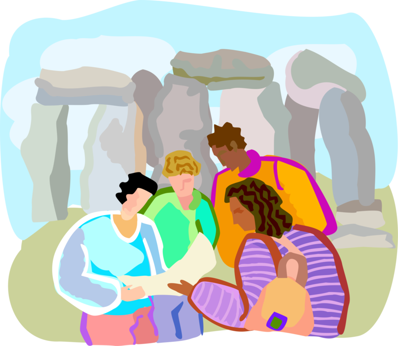 Vector Illustration of Tourists Visit Stonehenge Prehistoric Monument in Wiltshire, England