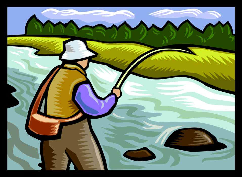 Vector Illustration of Fly Fisherman Angler Catches Fish in Stream
