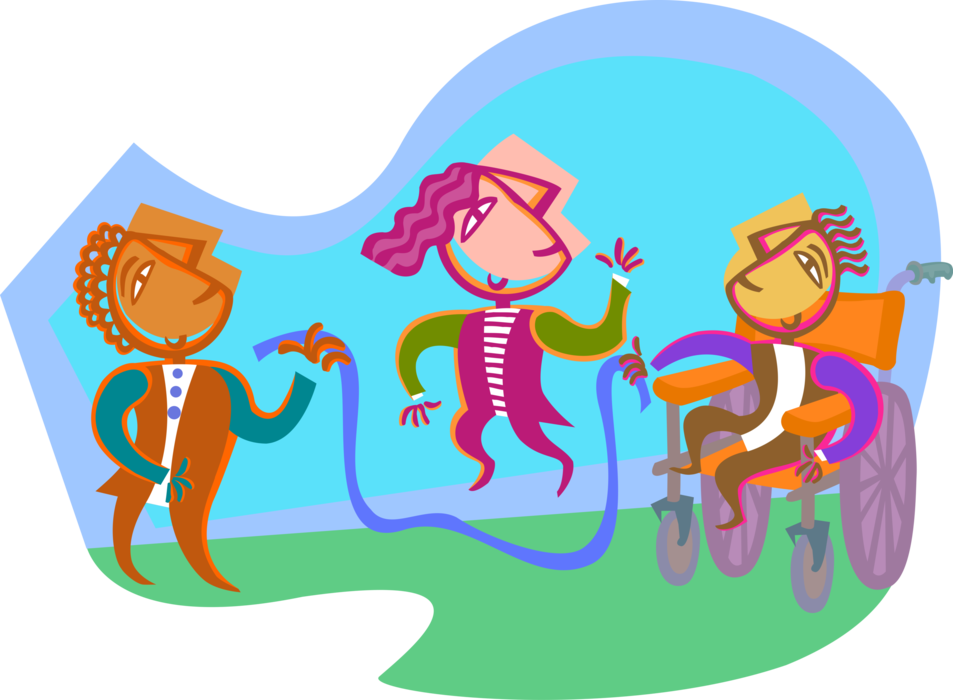Vector Illustration of Kids Playing Jump Skipping Rope with Disabled Youth in Wheelchair