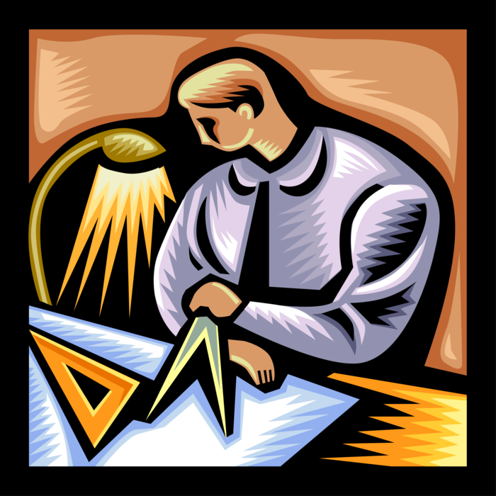 Vector Illustration of Draftsman or Draughtsman Prepares Technical Drawings at Drafting Table with Compass