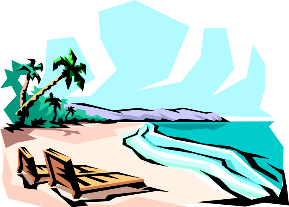 Vector Illustration of Deserted Beach with Lounge Chairs and Palm Trees