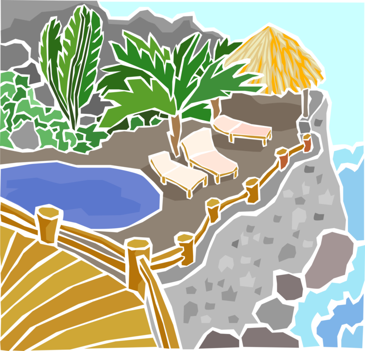 Vector Illustration of Lounge Chairs on Rocky Shoreline and Cliffs at Tropical Resort