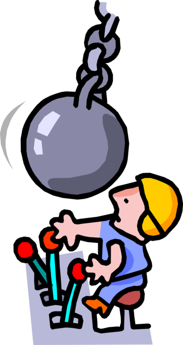 Vector Illustration of Construction Industry Demolition Worker Operates Wrecking Ball