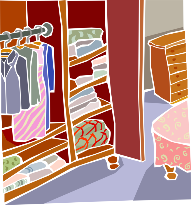 Vector Illustration of Bedroom Clothes Closet with Hangers and Shelves