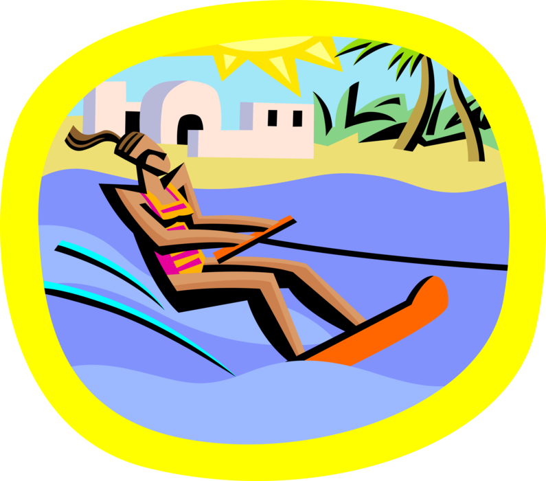 Vector Illustration of Water Skier Water Skiing with Towline Rope from Boat on Water