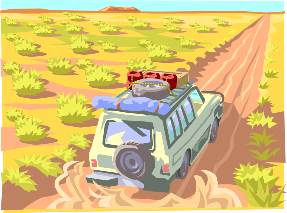 Vector Illustration of Cross-Country Vacation Travel by Automobile through Australian Outback