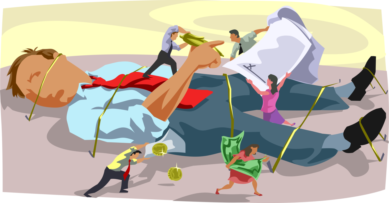 Vector Illustration of Businessman Gulliver with Financial Burdens Tying Him Down