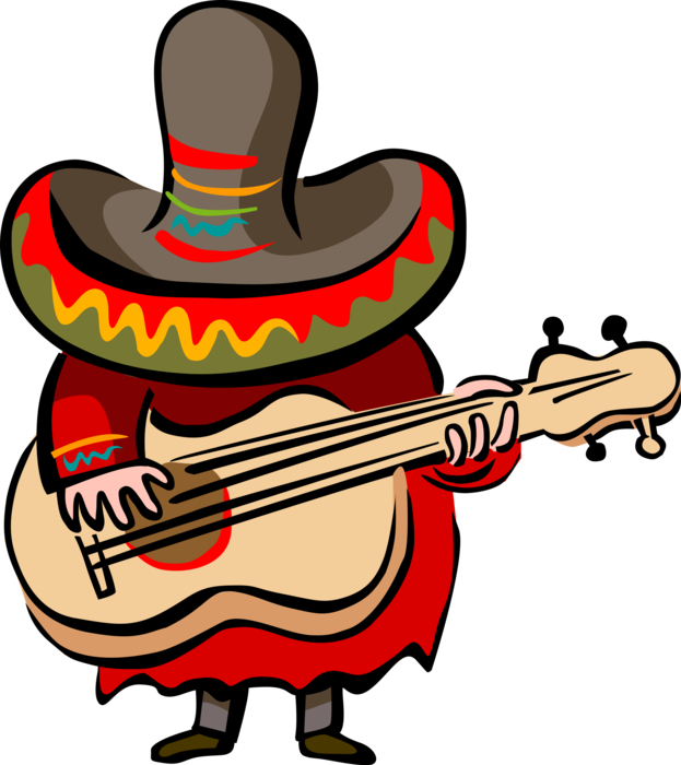 Vector Illustration of Mexican Musician with Sombrero Plays Acoustic Guitar Musical Instrument