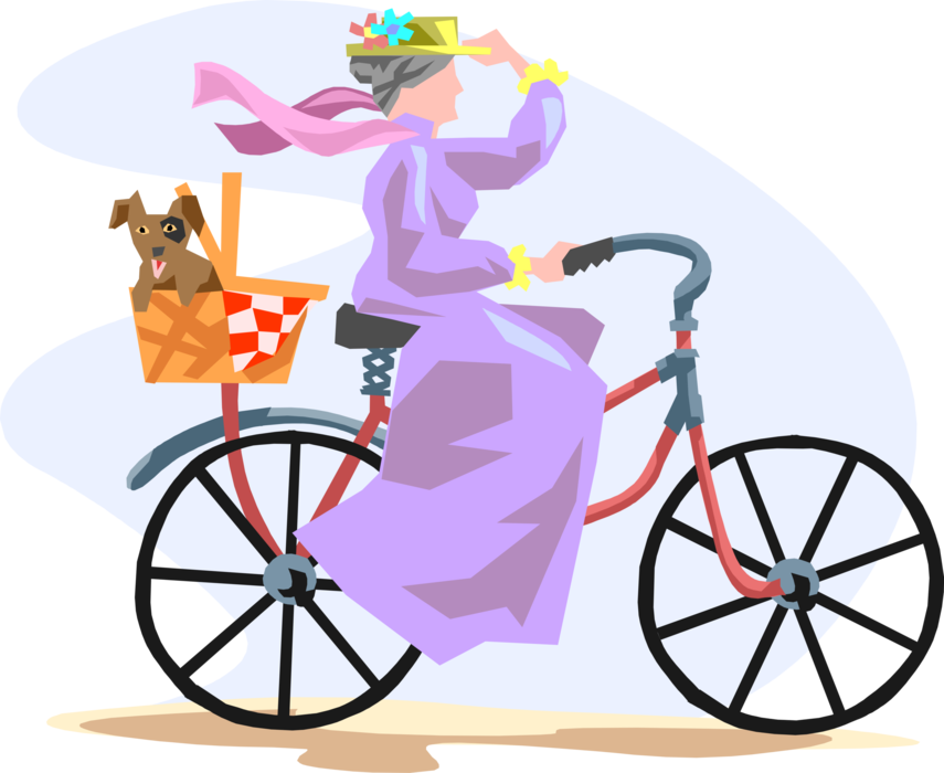 Vector Illustration of 19th Century Victorian Era Woman Riding Bicycle with Pet Dog Hitching Ride