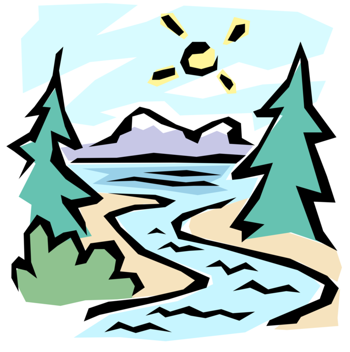 Vector Illustration of The Great Outdoors Mountains, Streams, and Coniferous Evergreen Trees
