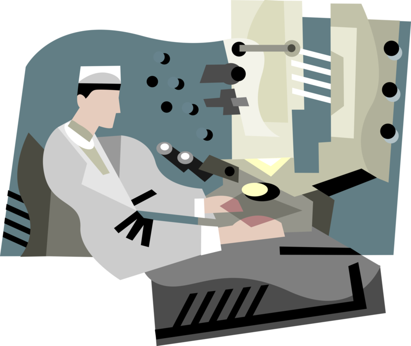 Vector Illustration of Research Technician Working in Laboratory with Microscope