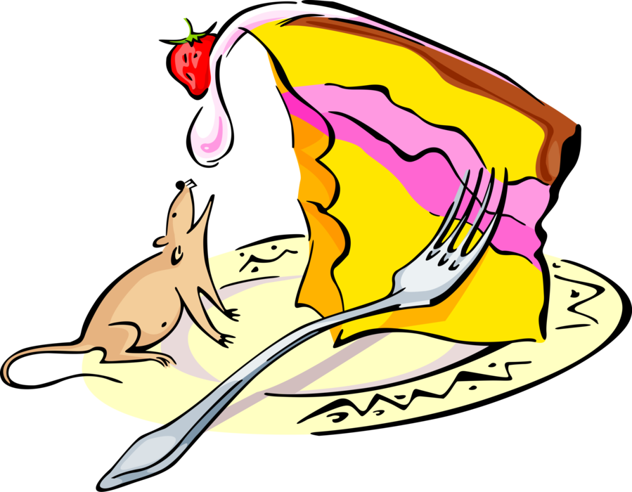 Vector Illustration of Cheesecake with Fork and Rodent Mouse Thief